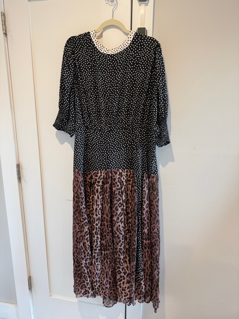 Polka Dot & Leopard Print Mixed Midi Dress - Black and Brown